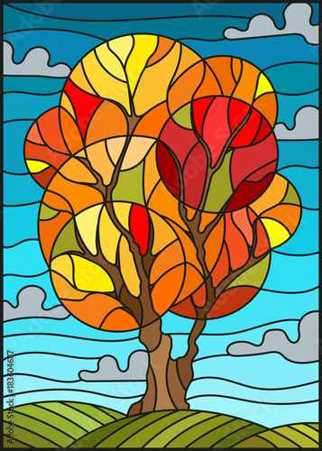 Illustration in stained glass style with autumn tree on sky background with clouds