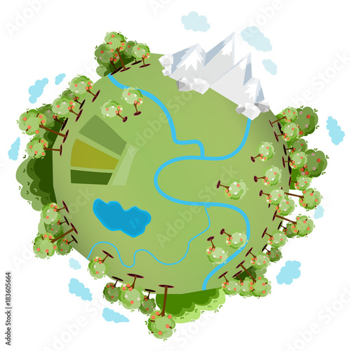 A green planet with many green trees, mountains, a river, a lake and with clouds around it