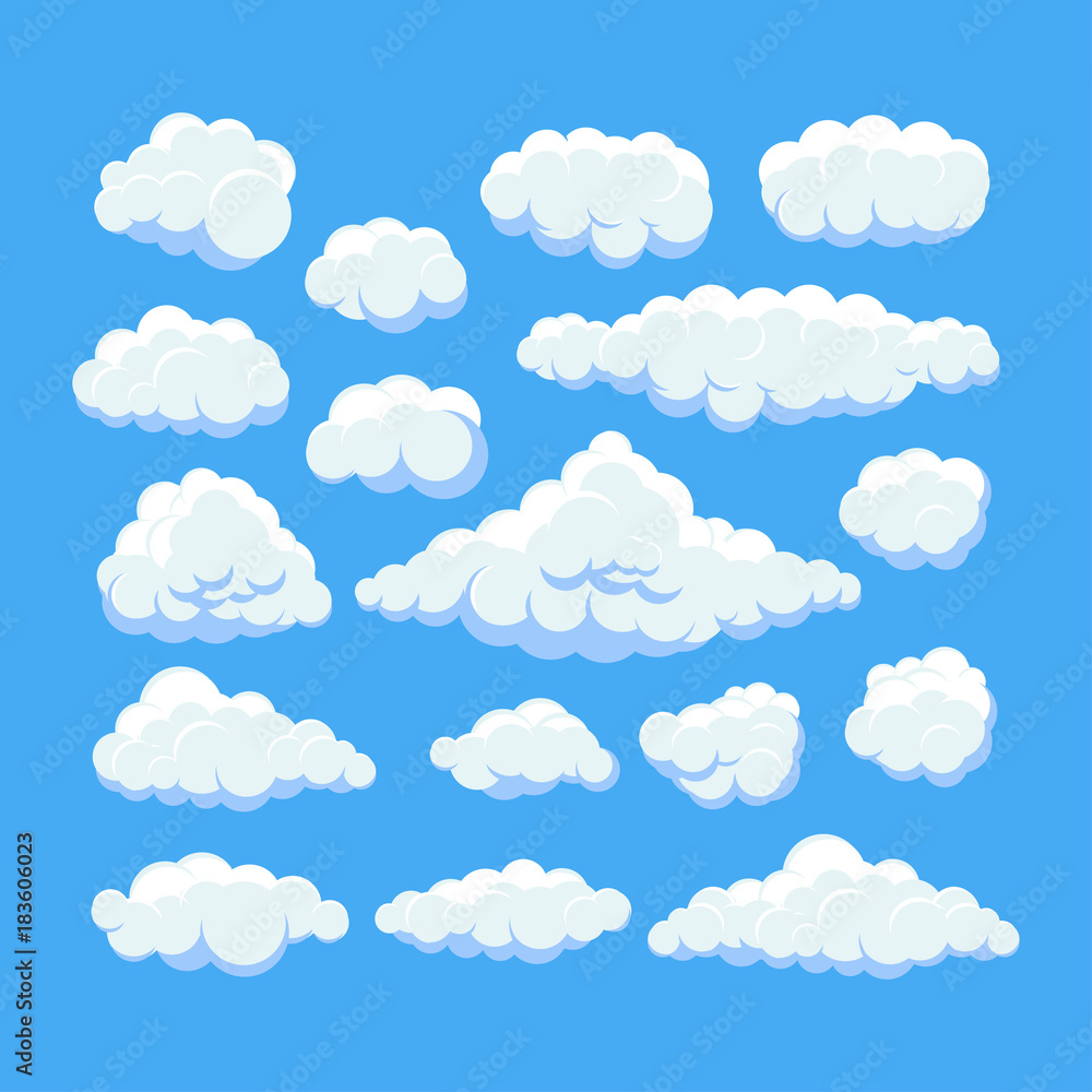 Cartoon clouds isolated on blue sky panorama vector collection. Cloudscape in blue sky, white cloud illustration Cartoon clouds isolated on blue sky panorama vector collection. Cloudscape in blue sky, white cloud illustration