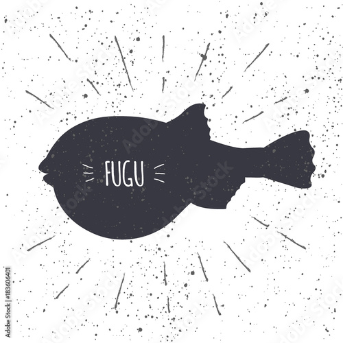 Obraz na plátně Hand drawn fugu pufferfish icon fish in black and white color with textured background
