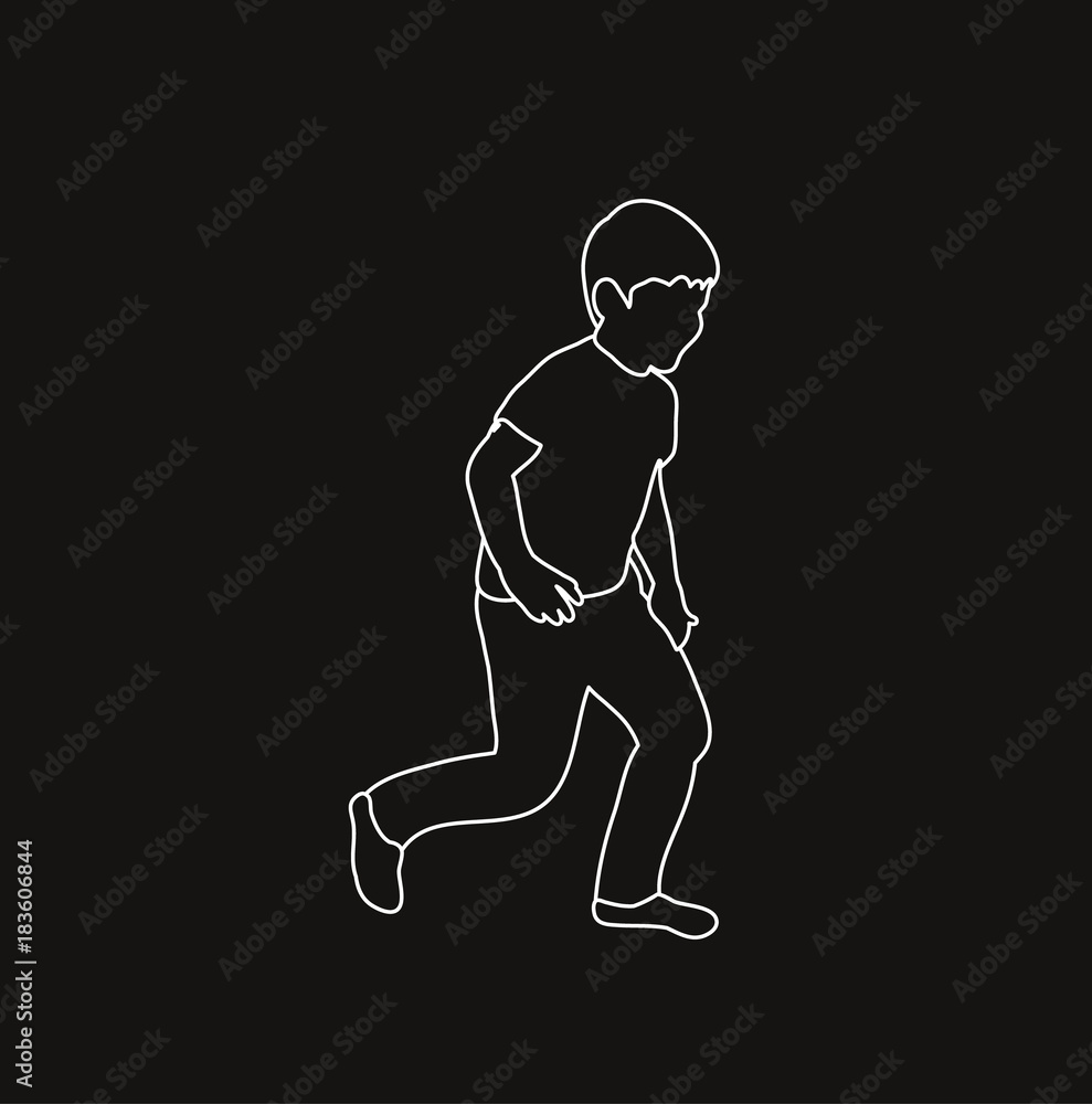 isolated sketch on black background boy running isolated sketch on black background boy running