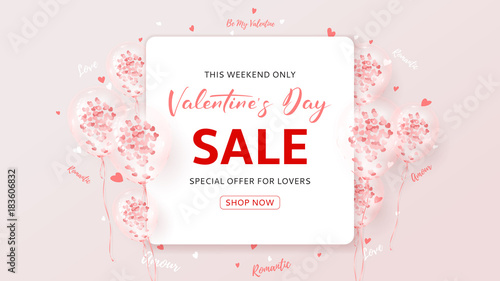 Valentine's Day Sale Web Banner. Beautiful Background with Realistic Transparent Pink Air Balloons with Confetti. Vector Illustration with Hearts. Seasonal Offer.