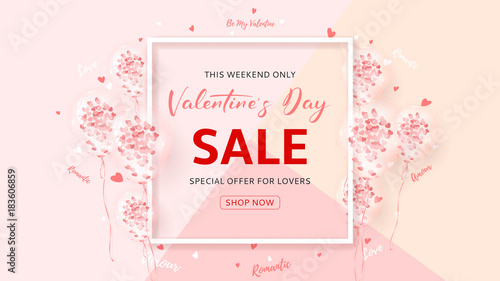 Valentine's Day Sale Background. Beautiful Banner with Realistic Transparent Pink Air Balloons with Confetti. Vector Illustration with Hearts. Seasonal Offer.