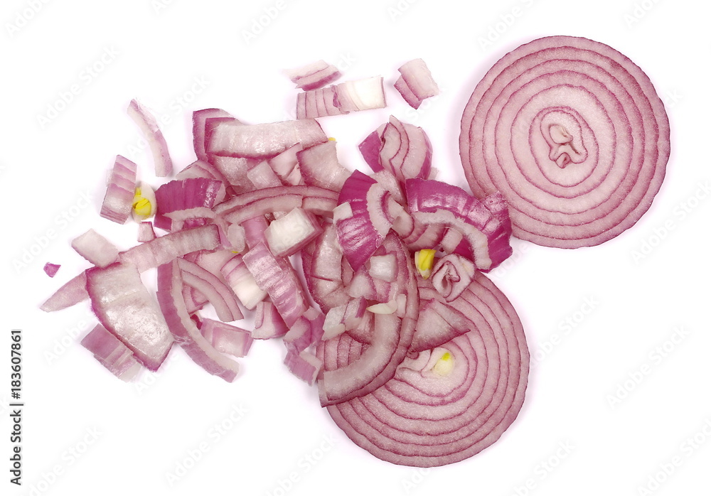 Sliced up red onion isolated on white background, top view
