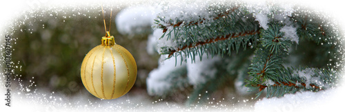 Christmas Ball on the Fir Branch covered with Snow. Christmas Background.