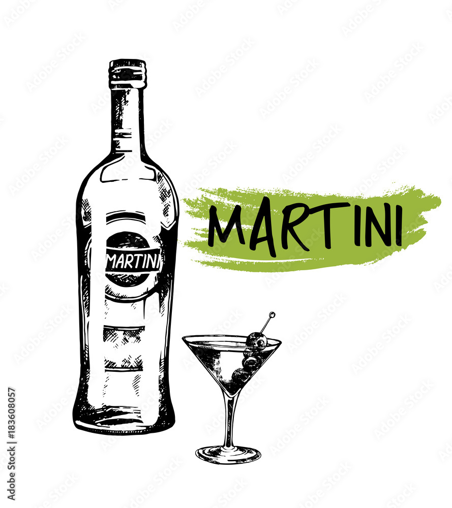 Set of hand drawn sketch style bottle of vermouth and martini cocktail.  Vector illustration isolated on white background. Stock-Vektorgrafik |  Adobe Stock