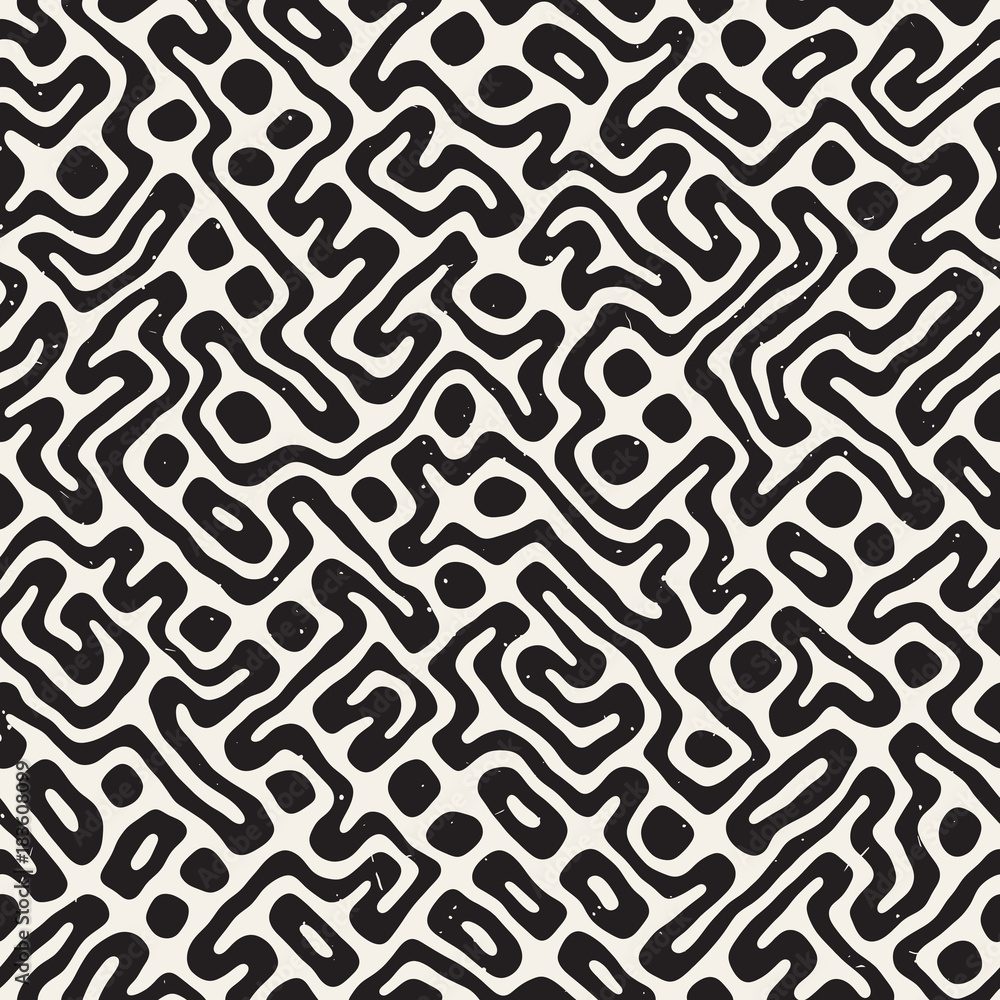 Fototapeta premium Vector Seamless Black And White Rounded Irregular Maze Pattern. Abstract Hand Drawn Background