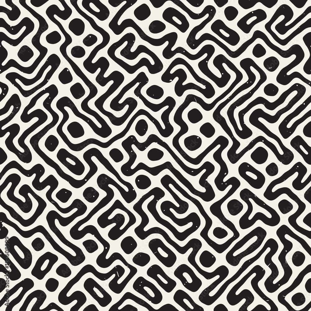 Vector Seamless Black And White Rounded Irregular Maze Pattern. Abstract Hand Drawn Background