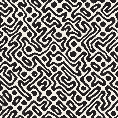 Vector Seamless Black And White Rounded Irregular Maze Pattern. Abstract Hand Drawn Background