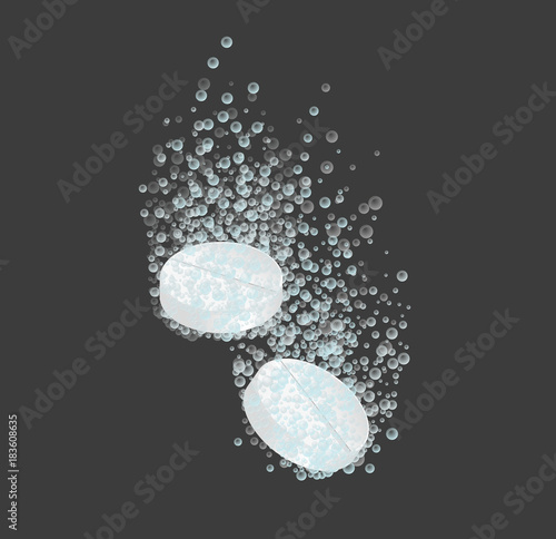 Round-shaped soluble tablets. Pills with bubbles dissolving in water. Medicine and drugs.