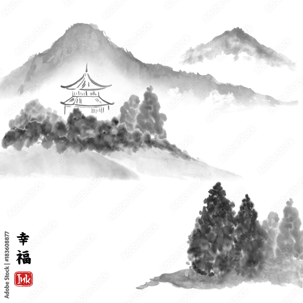 Traditional asian ink art with mountain landscape and pagoda. Hieroglyph 
