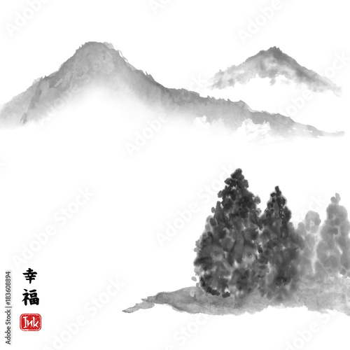 Obraz na płótnie Tradycyjny azjatycki atrament z górskim krajobrazem. Hieroglif „szczęście”. Ilustracja wektorowa sztuki