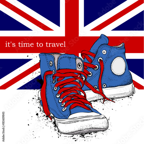 Hand drawn sneakers on background. Print of United Kingdom
flag. Hand drawn vector illustration