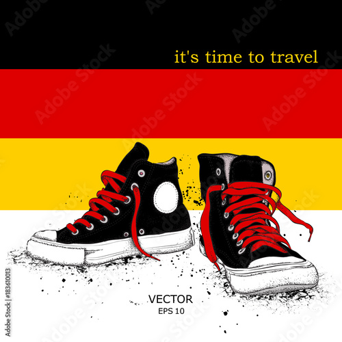 Hand drawn sneakers on background. Print of Germany flag. hand drawn vector illustration