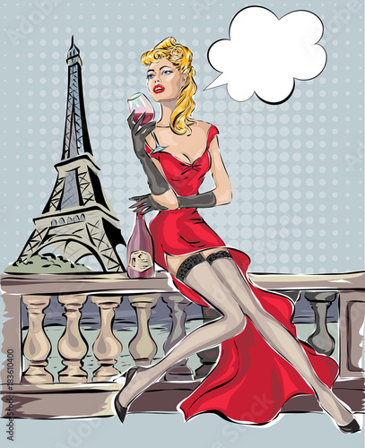 Sexy pin up woman sitting with glass of wine and bottle near Eiffel tower in Paris. Dreaming girl in red dress hand drawn vector illustration background