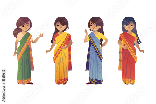Set of indian young women in national costumes