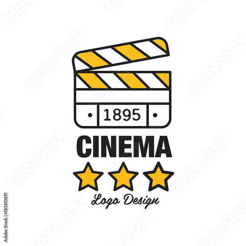 Black and yellow cinema or movie logo template creative design with stars, clapperboard and text. Flat line style vector icon illustration.