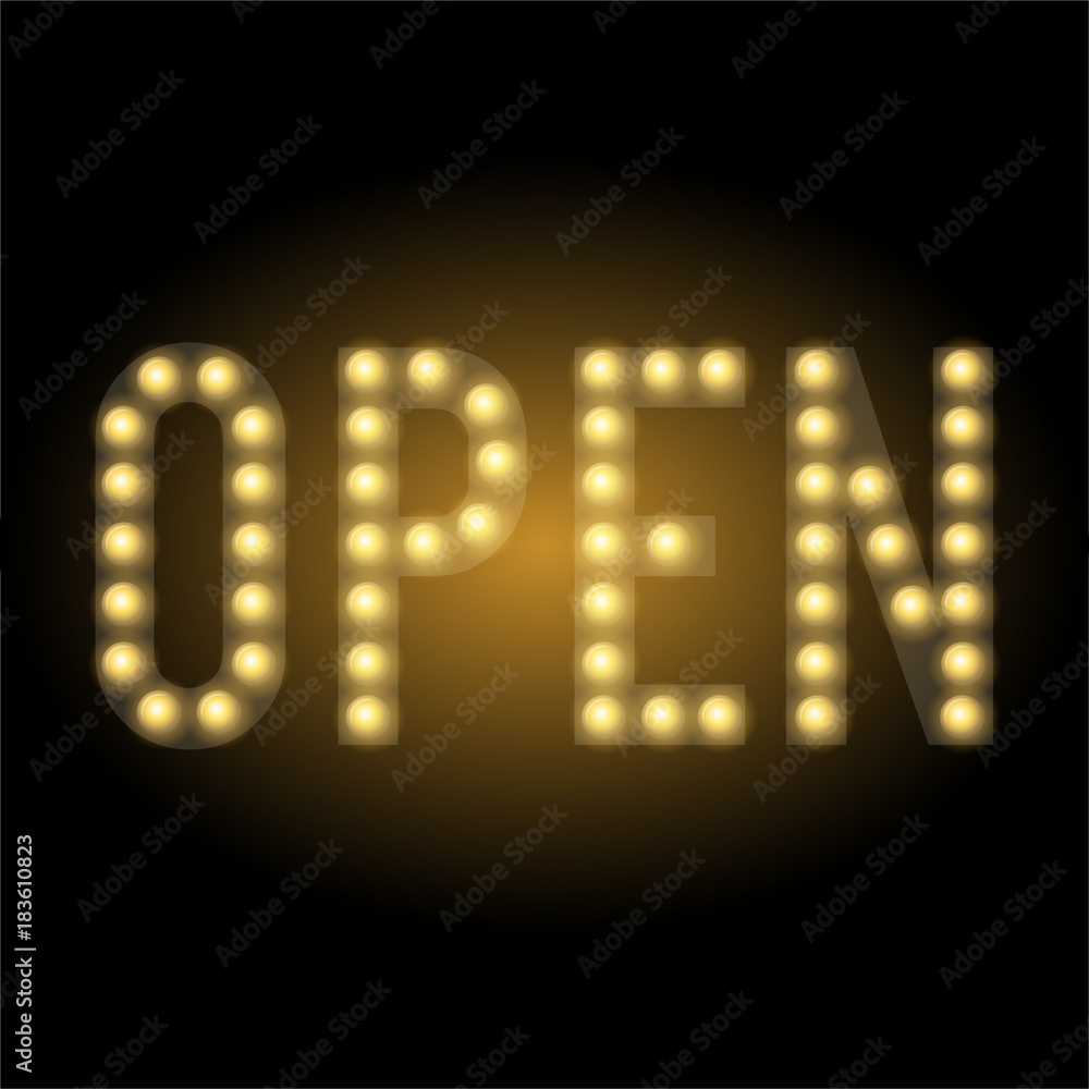 Shop Open sign. Illuminated symbol on black background. Glowing letters and lamps. Shop Open sign. Illuminated symbol on black background. Glowing letters and lamps.