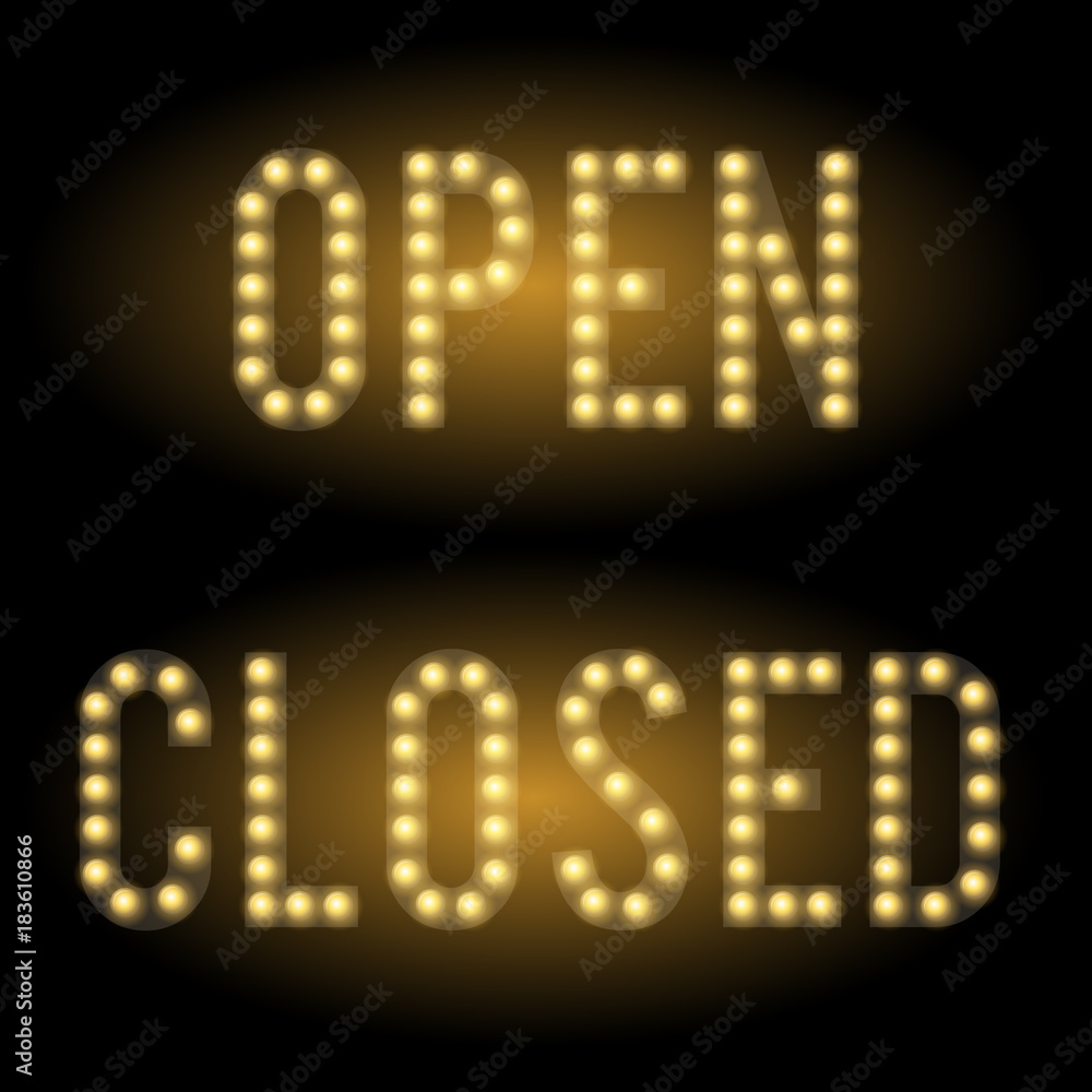 Shop open and closed signs set. Glowing symbols on black background. Illuminated letters and lamps. Shop open and closed signs set. Glowing symbols on black background. Illuminated letters and lamps.