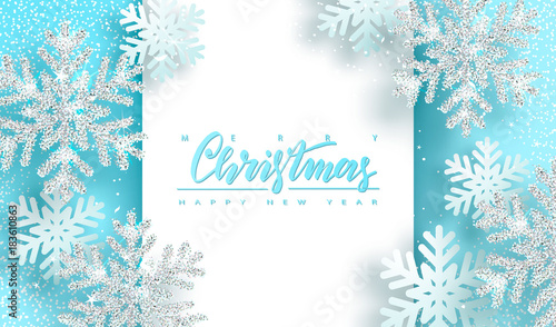 Christmas background with shiny silver snowflakes . Vector illustration.