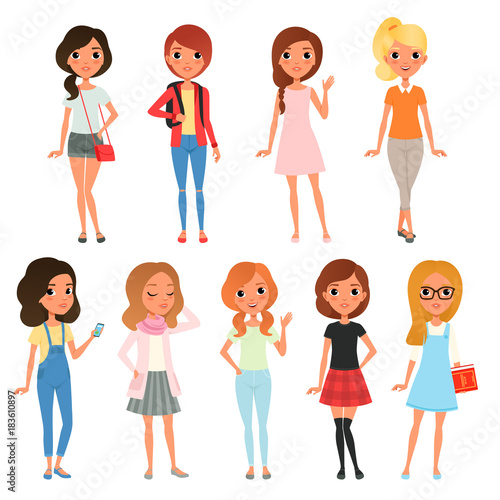 Collection of cute teenager girls dressed in stylish clothing. Female characters posing with cheerful face expressions. Cartoon flat vector design