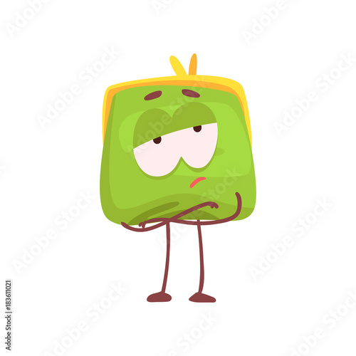 Cute purse character standing with folded hands and whistling, funny green humanized pouch cartoon vector illustration