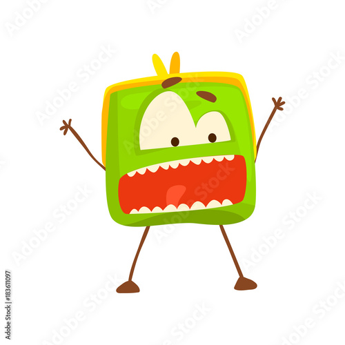 Funny shouting purse character , cute green humanized pouch cartoon vector illustration