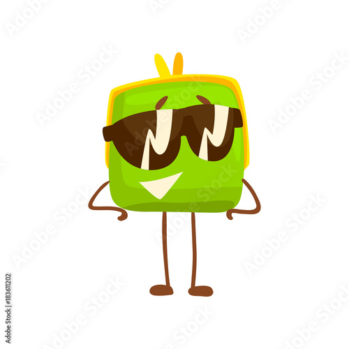 Cute purse character wearing sunglasses, funny green humanized pouch cartoon vector illustration