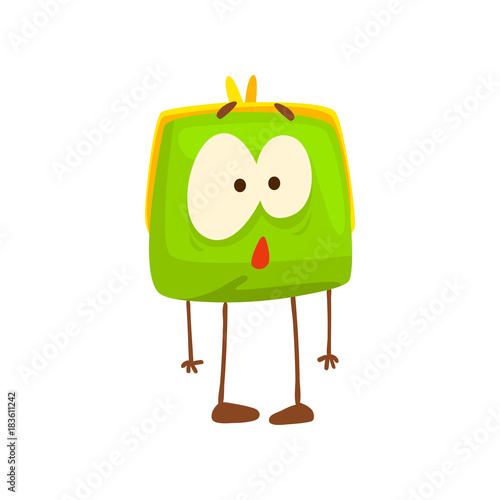 Cute surprised purse character, funny green humanized pouch cartoon vector illustration