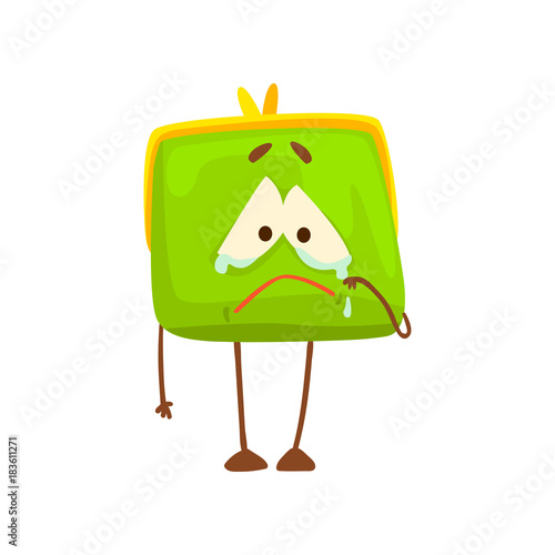 Cute crying purse character, funny green humanized pouch cartoon vector illustration