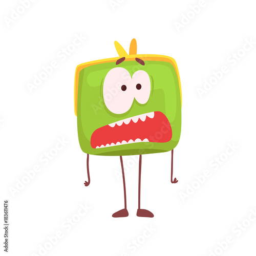Cute scared purse character, funny green humanized pouch cartoon vector illustration