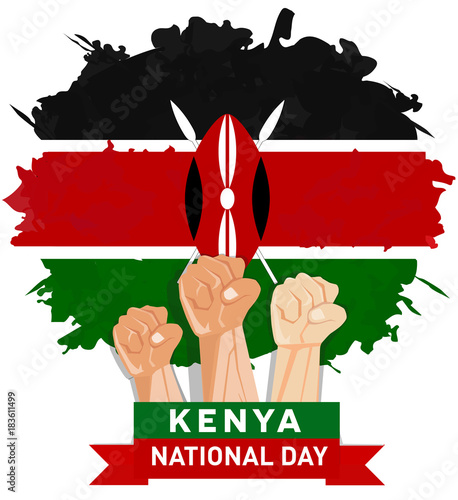 hand fist arm the symbol of Kenya independence day and national awakening day of Kenya with flag grunge background red white black green design coupon banner and flyer photo