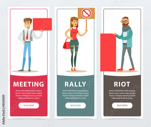 Meeting, rally, riot banners set, people with picket signs protesting and expressing demands flat vector elements for website or mobile app