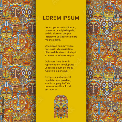 Flat poster or banner template with ethnic masks. Vector illustration.