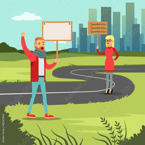Man and woman with placards claiming their demands on city background, mass protest flat vector illustration