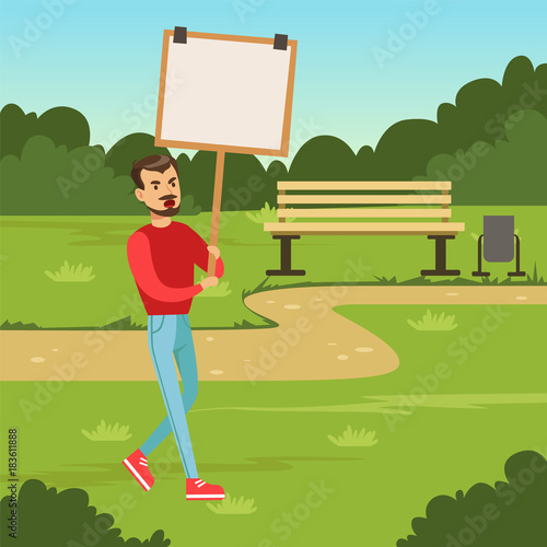 Man with placard claiming his demands in the park, male with picket sign protesting flat vector illustration