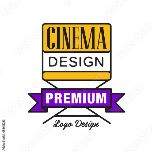 Colorful cinema or movie logo. Cinematography concept with yellow film director's chair and purple ribbon. Flat line style vector icon illustration.