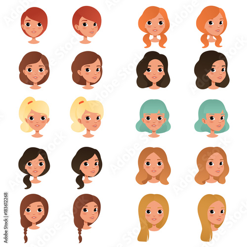 Set of different girl's hair styles and colors: black, blue, blonde, red, brown. Female teens with big shiny eyes. Human head. Flat vector design
