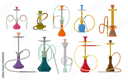 Hookah flat set with pipe for smoking tobacco and shisha. Collection isolated on white background. Vector illustration