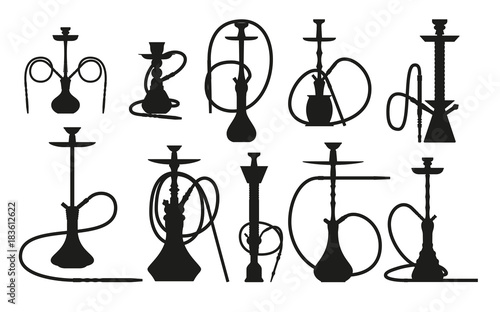 Hookah silhouette set with pipe for smoking tobacco and shisha. Collection isolated on white background. Vector illustration