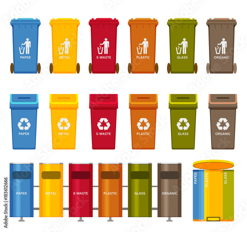 Trash containers colorful icons set. Vector illustration