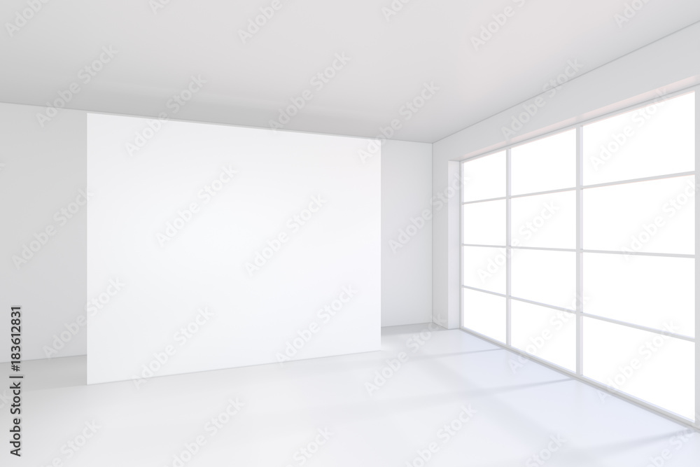 White billboard in an empty office with large windows and beautiful diffused light from the window. 3D rendering. White billboard in an empty office with large windows and beautiful diffused light from the window. 3D rendering.