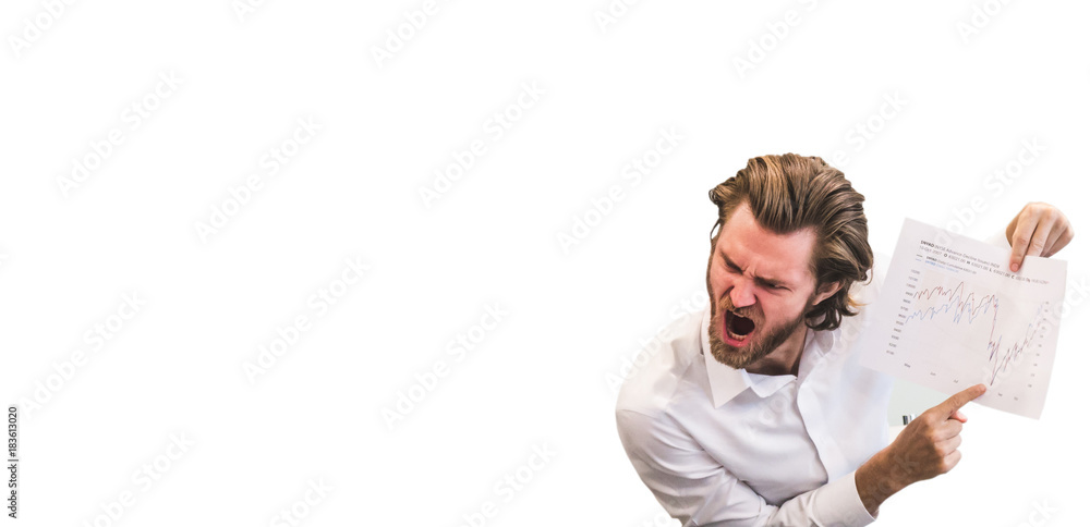 Angry boss pointing to a trade graph with negative growth on white isolation background. Copy space. Angry boss pointing to a trade graph with negative growth on white isolation background. Copy space.