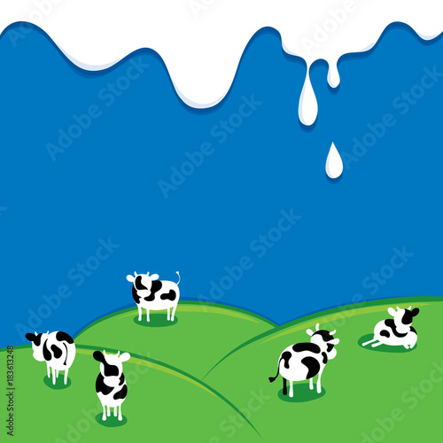 Background for dairy and milk product / Vector illustrations with drops and splashes, abstract cows in field.