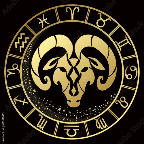 Aries zodiac sign on a dark background with round gold frame