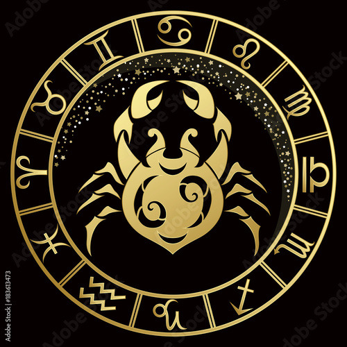 Cancer zodiac sign on a dark background with round gold frame
