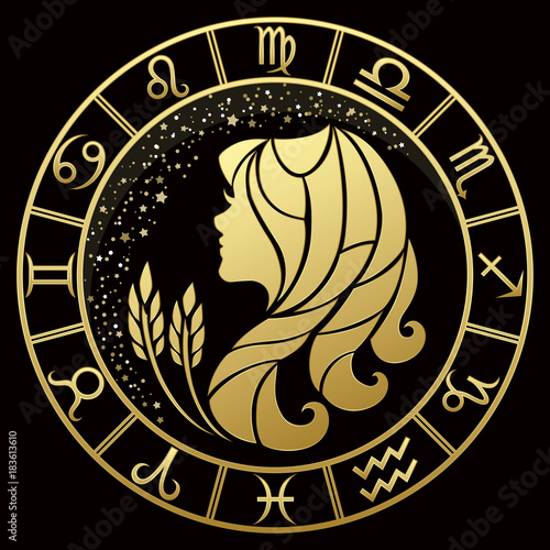Virgo zodiac sign on a dark background with round gold frame