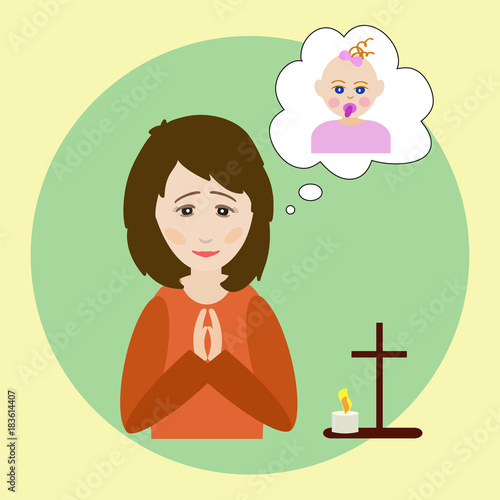 The woman prays for a child. The figure of a praying woman, picture of a baby, a prayer cross and a burning candle. Vector illustration on religious theme