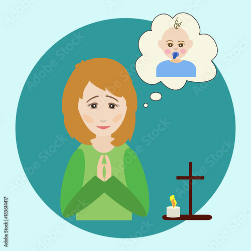 The woman prays for a child. The figure of a praying woman, picture of a baby, a prayer cross and a burning candle. Vector illustration on religious theme