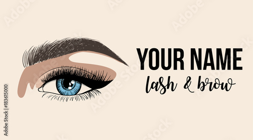 Lash & Brow business card or logo template. Business card with woman eye logo. Beautiful fashion open eye application with eyelash and eyebrow template. Vector illustration on a beige background.